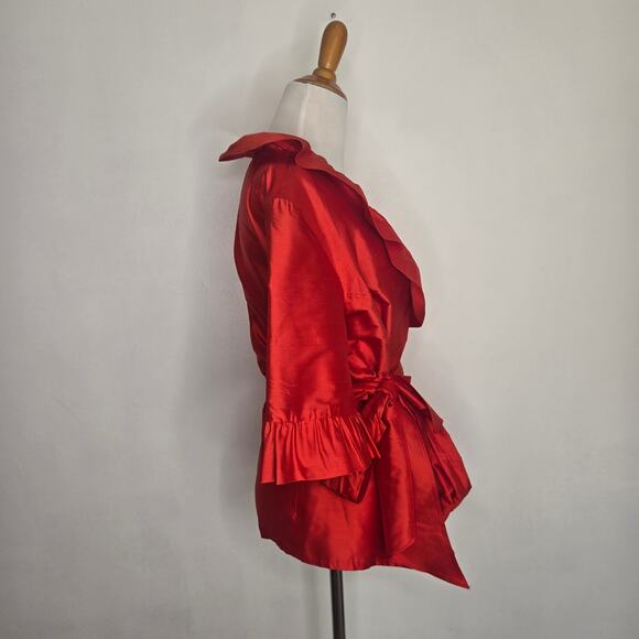 Sara Campbell Silk Blouse Red Evening Event Ruffle Collar Holiday Women Large - Picture 2 of 10